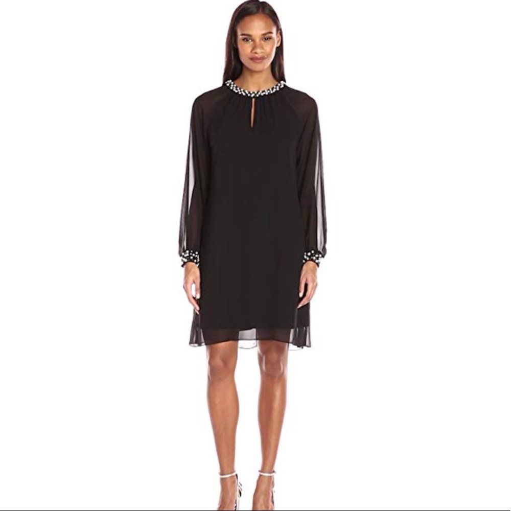 nwt SLNY keyhole black chiffon overlay Pearl dress